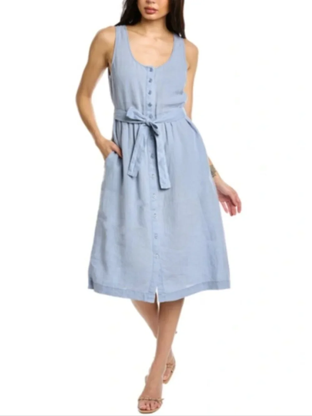 MICHAEL STARS Lulu Button-down Linen Midi Dress Size Medium Blue